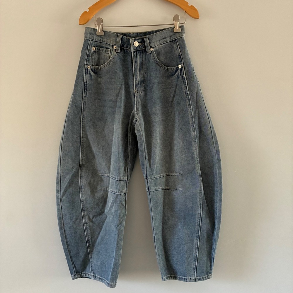 FLVSUN Jeans Wom 2 Blue Barrel Leg Curved High Rise Streetwear Denim Avant Garde